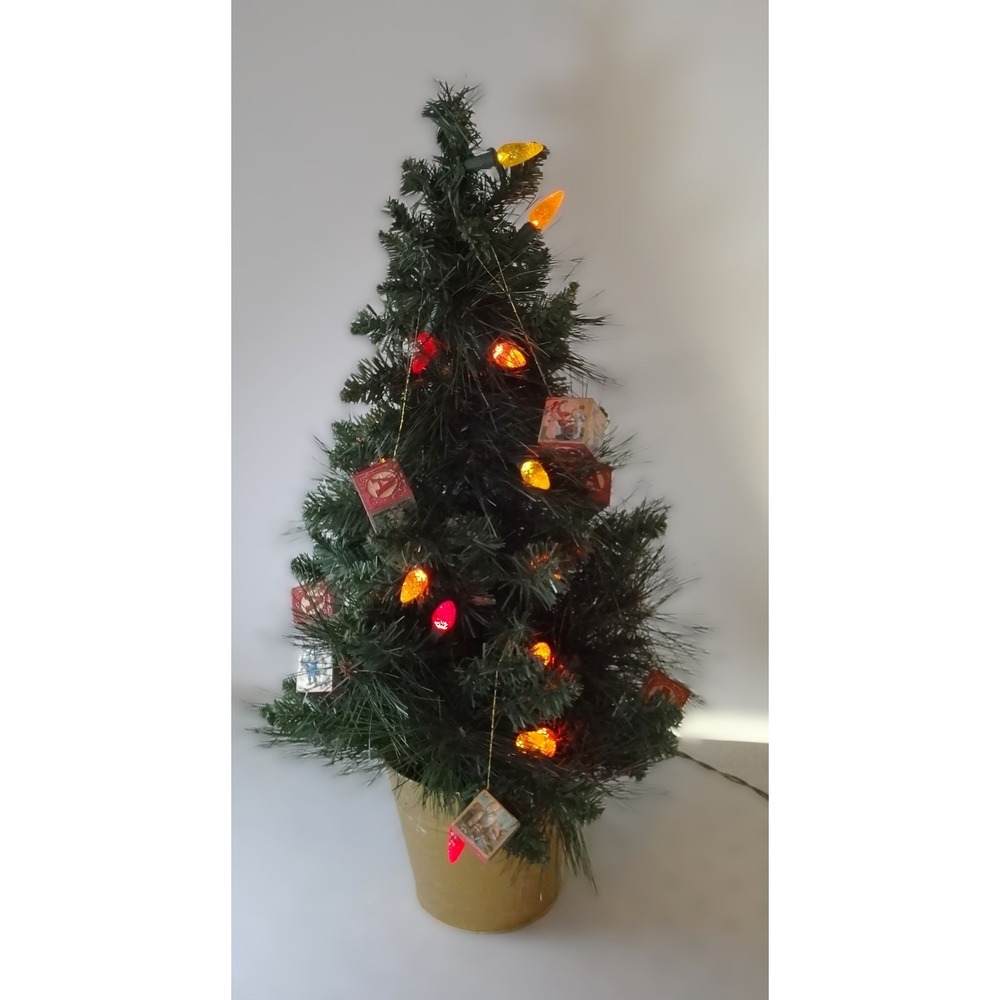 Lighted Christmas Tree Small Tabletop Decoration with Alphabet block decorations